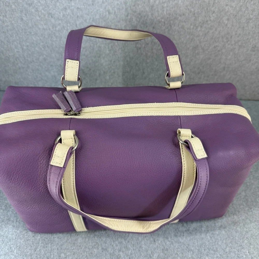 Levenger Leather Duffel Travel Weekend Touring Bag Grape Purple Cream Strap NEW